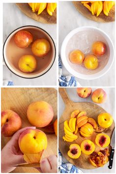 peaches being peeled and cut into pieces on a cutting board