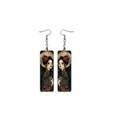 "Geisha" rectangular dangle earrings in vintage Art Deco style. Dimensions : 7 x 2 cm (2,75 x 0,78 inch) / Weight per pair: 2 g. Printing on a high-density fibreboard substrate is applied by sublimation. Printed on both sides. Please note that product colors may differ slightly from images due to monitor settings. We can make pendants and keychains with similar prints. Do not hesitate to contact us. If dirty, wipe with a damp cloth. Do not soak in sea water and do not place in an aggressive envi Rectangular Earrings, Art Earrings, Art Japonais, Jewelry For Her, Vintage Art Deco, Vintage Earrings, Asian Art, Art Deco Fashion, Japanese Art