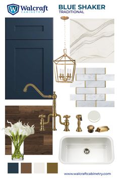 blue shaker traditional kitchen color scheme with gold accents and white flowers in vases