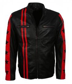 Men's Black Red Star Stripes Motorcycle Leather Jacket is a Leather Jacket with a great color combination available at US Leather Mart. Striped Leather Jacket, Trendy Leather Jacket, Halloween Jacket, Man Cafe, Cafe Racer Leather Jacket, Christmas Jacket, Motorcycle Leather Jacket, Designer Leather Jackets, Moto Biker Jacket