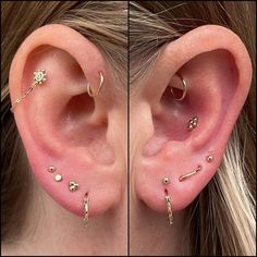 two pictures of an ear with different piercings