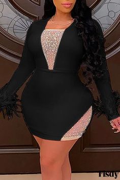 Fisdy - Premium Plus Size Dress: Elegante Vestido Negro Sólido de Cuello Cuadrado de Patchwork con Elementos Sexys Transparentes y Elegantes Adornos de Taladro Caliente. 23 Birthday Dress, Birthday Dress Plus Size, Steps Dresses, Black Collared Dress, Skirt Plus Size, Party Package, Long Sleeve Short Dress, Collar Designs, Sheer Dress