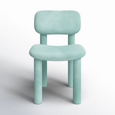 a blue chair sitting on top of a white floor