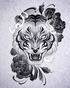 Japanese Animal Tattoo Art, White Tiger Tattoo Design, Arapaima Tattoo, Tiger Tattoo Face, Fire Tiger Tattoo, Japanese Tiger Tattoo Traditional, Neotrad Tiger, Tiger Tattoo Drawing, Tiger Art Illustration