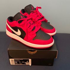 New, Never Worn. Size 3.5. Black/White-Very Berry Released October 2021. Purchased From Nike Store. Casual Red Non-slip Basketball Shoes, Red Low-top Non-slip Basketball Shoes, Nike Red Non-slip Sneakers, Red Non-slip Nike Sneakers, Low-top Non-slip Jordan Shoes For Streetwear, Nike 95, Toddler Nike Shoes, Nike Force 1, Nike Cleats