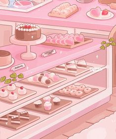 an illustration of a bakery filled with cakes and desserts