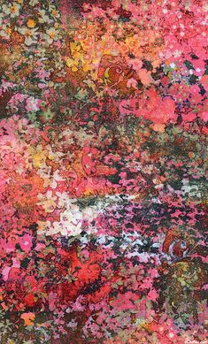 an abstract painting with lots of different colors and patterns on it, including pinks, green