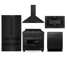 black kitchen appliances including stove, oven and dishwasher