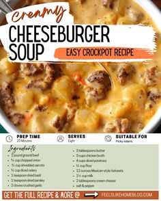 the recipe for creamy cheeseburger soup is shown