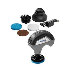 the dremel power scruber is shown with its attachments and cleaning supplies