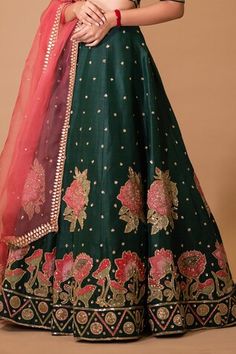 Bottle green attached cancan lehenga with appliqued hand painted kalamkari roses and embroidered glass beads and sequins. Paired with a co-ordinating embroidered and painted blouse and dupatta with embroidered border. - Aza Fashions Green Floor-length Lehenga With Intricate Embroidery, Green Choli With Floral Embroidery, Green Embroidered Fitted Choli, Fitted Green Lehenga With Floral Embroidery, Green Kalamkari Print Traditional Lehenga, Lehenga Blouse, Hand Applique, Emerald Green, Scoop Neckline