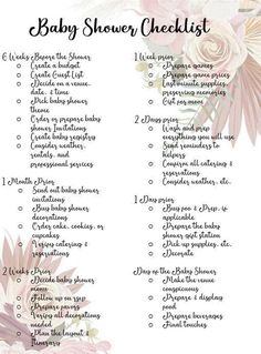 a baby shower checklist with pink flowers and white daisies on the bottom right corner