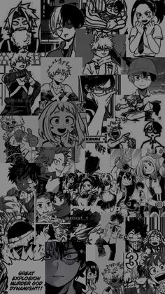 an image of anime characters collaged together in black and white, with the caption