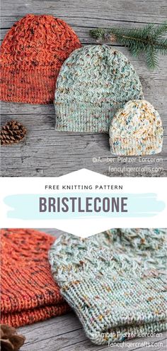 three knitted hats with text overlay that says free knitting pattern bristleone