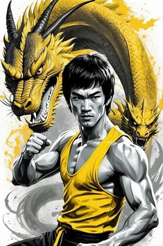 a man in yellow shirt holding a dragon over his shoulder