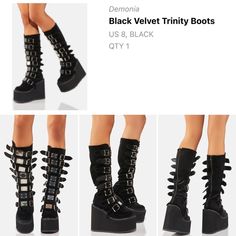 Nwt Size 8 Black Velvet Demonia Trinity Boots With Silver Buckles Dolls Kill Sold Out Black Platform Boots With Grommets, Fitted Black Boots With Silver Studs, Demonia Trinity Boots, Trinity Boots, Shoes Demonia, Demonia Platforms, Witchy Academia, Goth Platforms, Demonia Boots