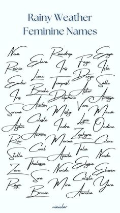 the cover of rain weather feminine names, written in cursive writing with black ink