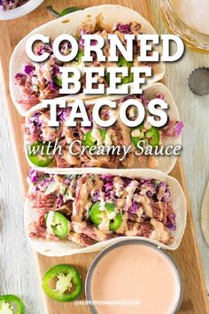 three corned beef tacos with creamy sauce and jalapenos on the side