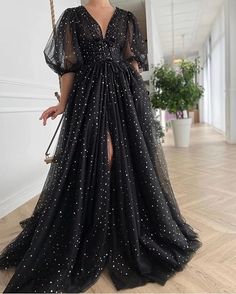 Starry stars moons Tulle Ball Prom Dress Puffy Sleeve Gowns Slit Formal Evening Party Gowns(paid link). Prom Dresses Sparkly, 파티 드레스, Long Prom Gowns, A Line Prom Dresses, Glamorous Wedding, Prom Dresses With Sleeves, Tulle Prom Dress, Evening Gowns Formal