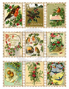 six christmas cards with birds and holly branches on them, all decorated in different colors