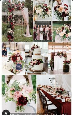 a collage of photos with flowers and wedding decorations on them, including a cake