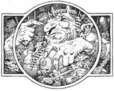 a drawing of an animal surrounded by other animals in a circular frame with the words,