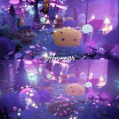 an animated image of a fairy land with lots of lights and flowers on the ground