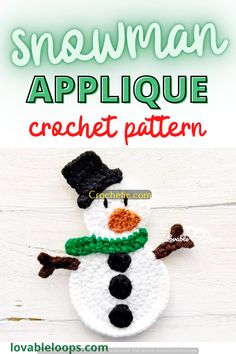 crochet snowman applique pattern with text overlay