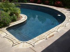 an empty swimming pool surrounded by greenery