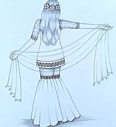 a drawing of a woman with long hair wearing a white dress and holding a shawl