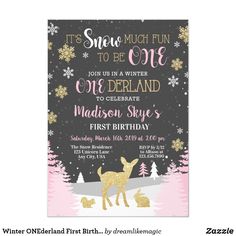 a pink and gold deer birthday party with snowflakes on the trees in the background