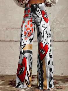 Pantalones anchos casuales con estampado vintage para mujer Mode Ulzzang, Painted Clothes Diy, Casual Wide Leg Pants, Painted Clothes, Romper With Skirt, Mode Vintage, Art Clothes, Spiritual Journey, Diy Fashion