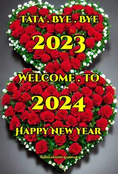 two heart shaped flowers with the words happy new year written in yellow and red on them