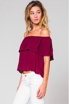 Live the life, free and easy in the Without A Care Burgundy Ruffle Off-the-Shoulder Top! Soft, woven rayon falls from an elastic, off-the-shoulder neckline into a ruffle flounce bodice. Wear with your favorite ripped jeans and accessorize with a cute choker for a boho-chic casual look! Flounce Top, Boho Pink, Boho Boutique, Burgundy Top, Chic Casual, Pink Boho, Shipping Orders, Really Cute Outfits, Cold Shoulder Top