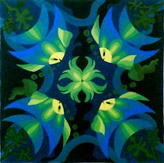 an abstract painting with blue, green and yellow flowers in the center on a black background