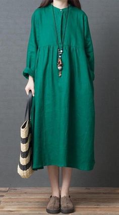 Loose Plus Size Linen Dresses For Women Green Non-stretch Long Sleeve Maxi Dress, Long Sleeve Solid Color Maxi Dress For Beach, Long Green Solid Color Dress, Long Sleeve Shift Maxi Dress, Casual Long Sleeve Summer Dress, Casual Long Sleeve Dress For Spring, Long Sleeve Dress For Vacation, Long Sleeve Shift Maxi Dress Solid Color, Green Fitted Long Sleeve Casual Dress