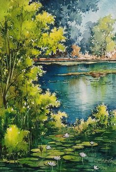 a painting of water lilies and trees