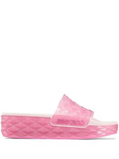 pink signature Diamond embossed pattern platform sole slip-on style open toe branded insole Luxury Platform Slip-on Sandals, Luxury Platform Slides For Summer, Pink Slip-on Slides With Rubber Sole, Pink Open Toe Sandals With Translucent Outsole, Chic Pink Slip-on Slides, Pink Slip-on Sandals With Rubber Sole, Pink Textured Slip-on Slides, Pink Platform Slip-on Slippers, Luxury Slip-on Platform Sandals