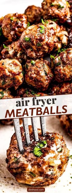 a fork is stuck in some meatballs on a plate with a sign that says air fryer meatballs