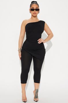 Available In Black And Rust. Ribbed Legging Set One Shoulder Top Asymmetrical Hem Capri Legging High Waist Elastic Waistband Stretch Self: 92% Polyester 8% Spandex Imported | One Sided Ribbed Capri Set in Black size 3X by Fashion Nova Capri Leggings Outfit Black Women, Capri Pants Outfits Black Women, Capri Outfits Black Women, Capri Outfits Women Summer, Capri Pants Outfits Summer, White Capri Outfits, Capris Outfit, Capri Leggings Outfit, Capri Pants Outfits