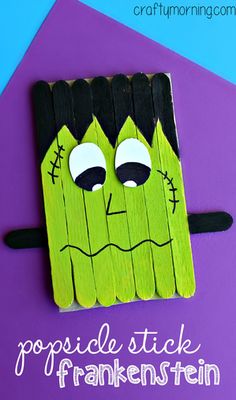 popsicle stick halloween craft for kids with the words popsicle stick frankenstein on it