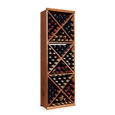 a wooden wine rack filled with lots of bottles