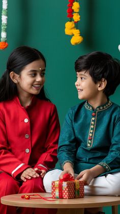 two young children sitting on a table with presents in front of them, smiling at each other