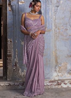 Lavender Georgette Pre Draped Saree Set Nitika Gujral - Fabilicious Fashion Pre Draped Saree, Saree Georgette, Net Blouse, Draped Saree, Purple Saree, Net Blouses, Formal Parties, Bridal Lehenga Red, Drape Saree