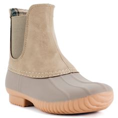 This preppy classic is now an in-style essential!  These fashionable Rocky Duck Boots let you navigate wet weather in comfort, thanks to the protective, attractive matte-finish rubber and faux suede uppers.  Goring on each side provides a gentle stretch for easier on/off.  A warm plaid-print lining and 7 3/4" tall shaft keeps you snug on chilly days.  Sturdy, seamless, oversized soles have no-slip treads and a fashionable 1/2" heel for a slight lift.  Rubber PVC and faux leather.  Available in B Heeled Rain Boots, House Of Harlow 1960, Wet Weather, House Of Harlow, Duck Boots, Ankle Bootie, Wedge Sneaker, Fashion Essentials, Women's Sandals