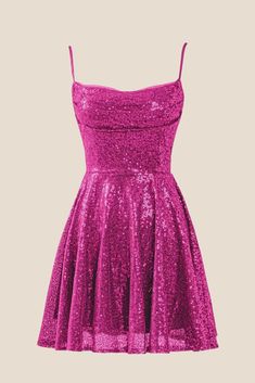 Constructed with sequin material in a vivid Fuchsia color, this short princess dress features spaghetti straps and an A-line silhouette. A mini length and a lace-up back add to its stylish and eye-catching design. Pink Party Mini Dress With Corset Back, Pink Mini Dress With Corset Back For Party, Pink Mini Dress With Corset Back And Spaghetti Straps, Purple Mini Dress With Sequins And Spaghetti Straps, Glamorous Pink A-line Mini Dress, Pink Sequin Spaghetti Strap Evening Dress, Pink Sequin Dress With Sweetheart Neckline For Summer, Pink Sequin Mini Dress With Spaghetti Straps, Summer Pink Sequin Dress With Sweetheart Neckline