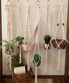 several macrame hangings with plants and potted plants in the middle, on a wall