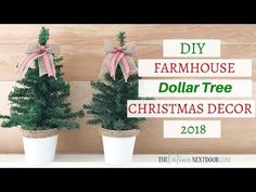 two potted christmas trees sitting on top of a wooden shelf with the words diy farmhouse