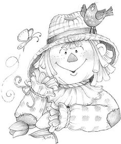 a black and white drawing of a snowman with a bird on his head, wearing a hat