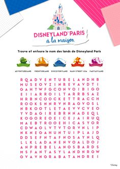 the disneyland paris word search is shown in pink and blue